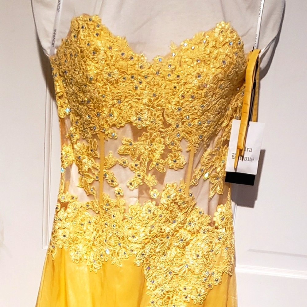 Jovani gown yellow lace beaded mesh corset top sz 2